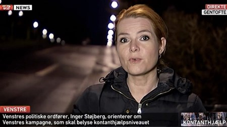 Venstres politiske ordfører Inger Støjberg fremlægger partiets nye kampagne på TV 2 News mandag morgen. 