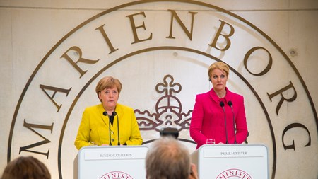 Angela Merkel og Helle Thorning-Schmidt brugte størstedelen af tirsdagens pressemøde på at tale om Femern-forbindelsen. 