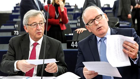 EU-Kommissionsformand Jean-Claude Juncker (t.v) og hans tro væbner og næstformand Frans Timmermans. 