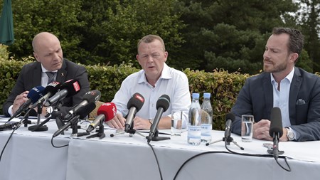 Statsminister Lars Løkke Rasmussen, Venstres gruppeformand Søren Gade og politisk ordfører Jakob Ellemann-Jensen holdt fredag pressemøde i forbindelse med partiets sommergruppemøde. 