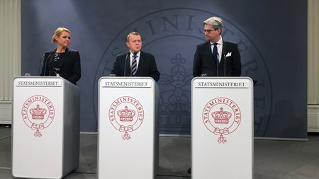 Statsminister Lars Løkke Rasmussen (V), justitsminister Søren Pind (V) og integrationsminister Inger Støjberg (V) præsenterede fredag en pakke med 34 forslag til stramninger på asylområdet. 