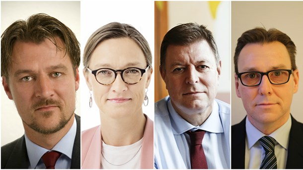 De fire departementschefer er fra venstre: Ulrik Vestergaard Knudsen, Marie Hansen, Michael Dithmer og Jens Strunge Bonde. 