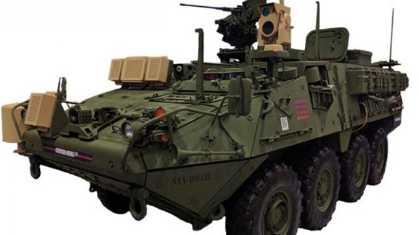 Amerikansk Stryker pansret mandskabsvogn med Mobile Expeditionary High Energy Laser monteret.