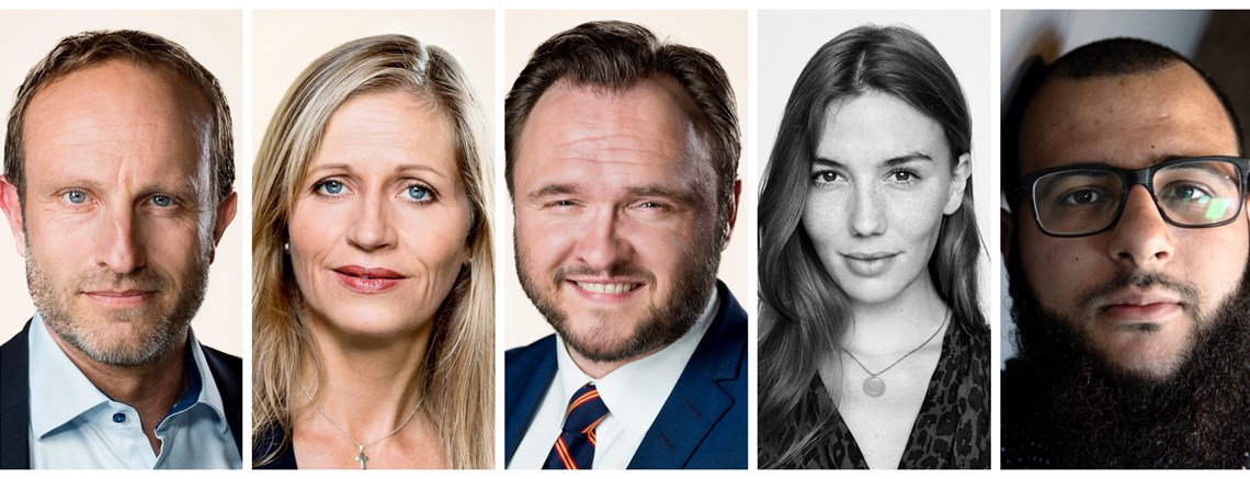 5 PÅ STRIBE: Fra venstre. Martin Lidegaard (R), Marie Krarup (DF), Dan Jørgensen (S), Christine Nissen (DIIS), Tarek Z. Hussein.