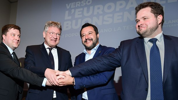 Fra venstre mod højre: Olli Kotro (De Sande Finner), Jörg Meuthen (Alternative für Deutschland), Matteo Salvini (Lega), Anders Vistisen (Dansk Folkeparti). 