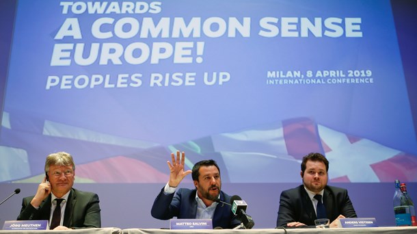 Jörg Meuthen, Mateo Salvini og Anders Vistisen ved lanceringen af European Alliance for People and Nations i april. 