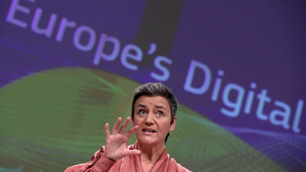 Margrethe
Vestager taler ved præsentationen af Europa-Kommissionens digitale strategi i Bruxelles i februar 2020.