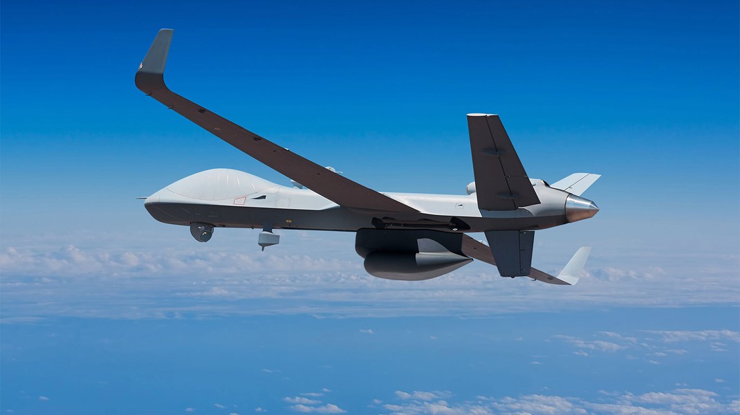 MQ-9B SeaGuardian fra amerikanske General Atomics kunne være en af de droner, som Danmark ender med at vælge. 