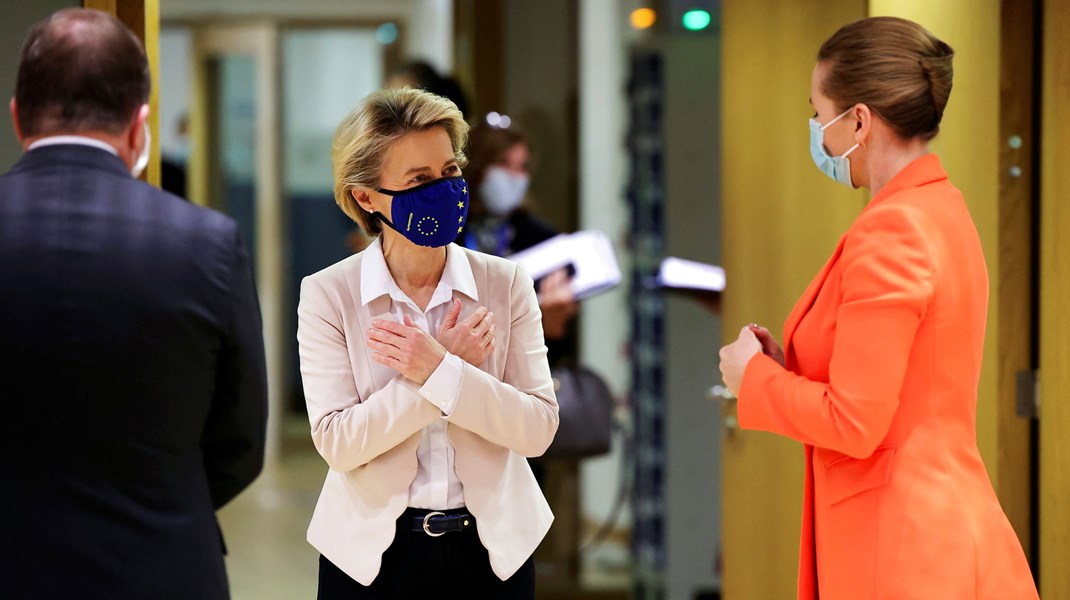 Kommissionsformand Ursula von der Leyen tager imod statsminister Mette Frederiksen (S) ved EU-topmødet i december, hvor EU's klimamål i 2030 var på programmet. Nu er der enighed i EU om en europæisk klimalov.