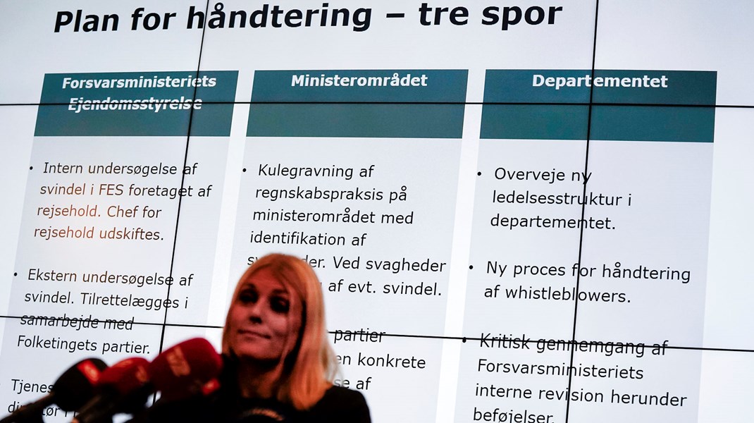 I 2019 var det forsvarsminister Trine Bramsen (S), der skulle forholde sig til mistanke om foregået svindel i Forsvarsministeriets Ejendomsstyrelse.