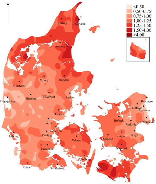 Kilde: Den Danske Valgdatabase. Det bagvedliggende kort er fra Geodatastyrelsen/Djøfs Forlag.