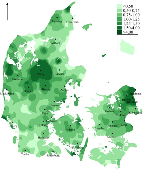 Kilde: Den Danske Valgdatabase. Det bagvedliggende kort er fra Geodatastyrelsen/Djøfs Forlag.