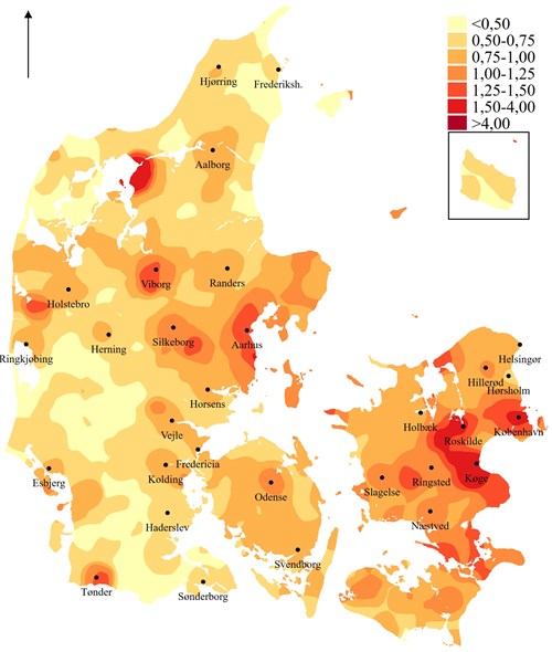 Kilde: Den Danske Valgdatabase. Det bagvedliggende kort er fra Geodatastyrelsen/Djøfs Forlag.