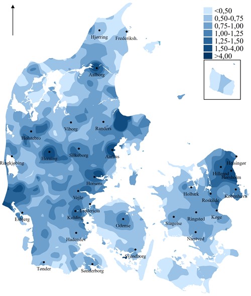 Kilde: Den Danske Valgdatabase. Det bagvedliggende kort er fra Geodatastyrelsen/Djøfs Forlag.