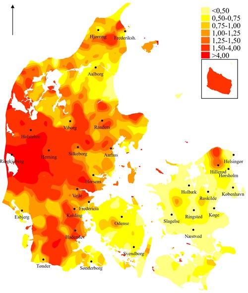 Kilde: Den Danske Valgdatabase. Det bagvedliggende kort er fra Geodatastyrelsen/Djøfs Forlag.