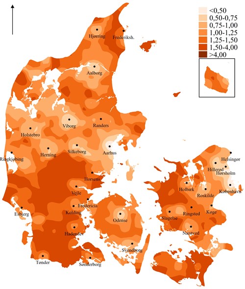 Kilde: Den Danske Valgdatabase. Det bagvedliggende kort er fra Geodatastyrelsen/Djøfs Forlag.