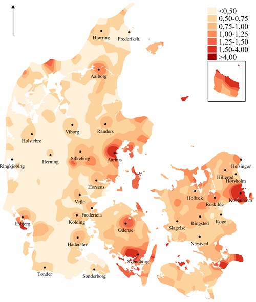 Kilde: Den Danske Valgdatabase. Det bagvedliggende kort er fra Geodatastyrelsen/Djøfs Forlag.