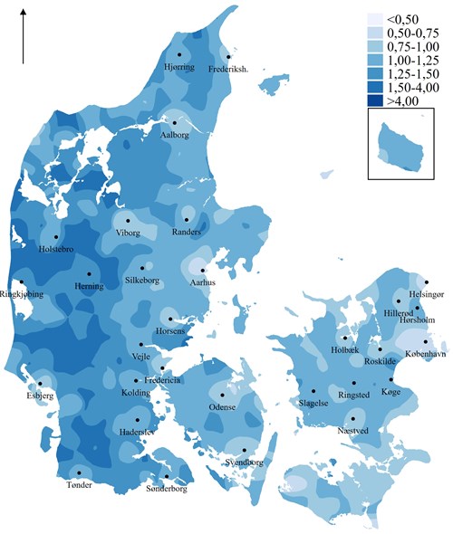 Kilde: Den Danske Valgdatabase. Det bagvedliggende kort er fra Geodatastyrelsen/Djøfs Forlag.