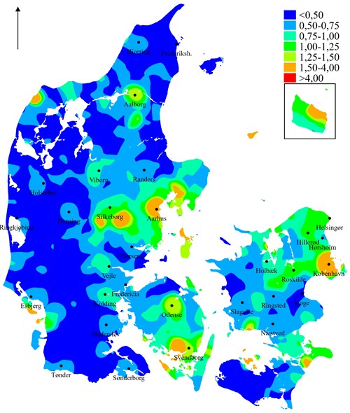 Kilde: Den Danske Valgdatabase. Det bagvedliggende kort er fra Geodatastyrelsen/Djøfs Forlag.