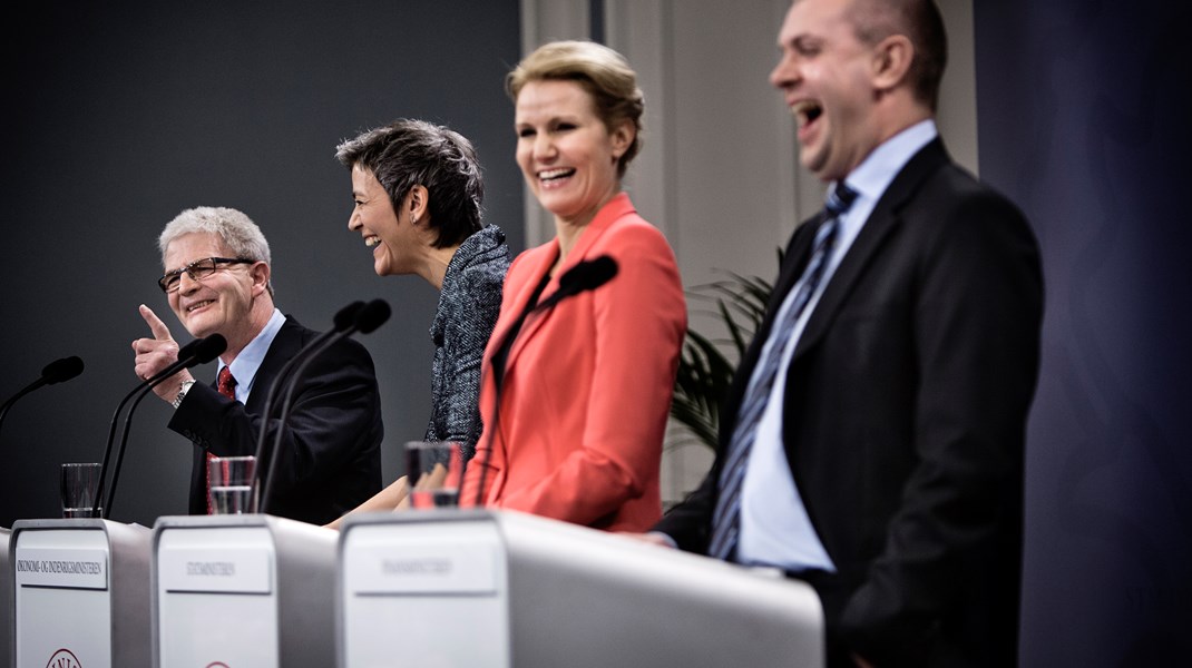 Arkivfoto, 2013. Fra 2011-2015 var Socialdemokratiet, SF og De Radikale i regering sammen. Fra venstre: Skatteminister Holger K. Nielsen, økonomi- og indenrigsminister Margrethe Vestager, statsminister Helle Thorning-Schmidt og finansminister Bjarne Corydon.