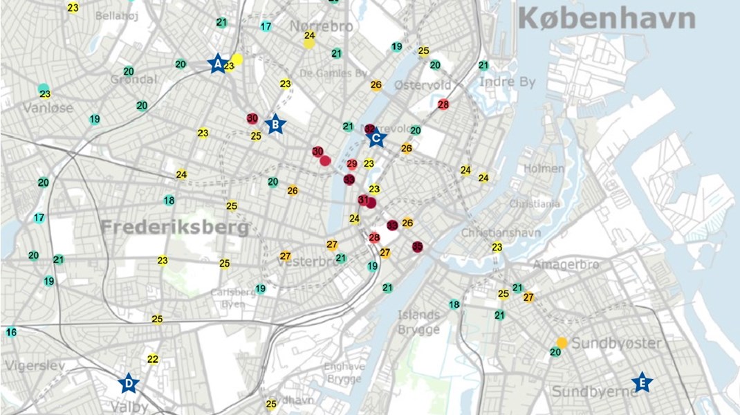 A) Hillerødgade 79, 2200 København N B) Krügersgade 5, København N C) Søtorvet 5, 1371 København K D) Folehaven 72, 2500 Valby E) Backersvej/Formosavej, 2300 København S