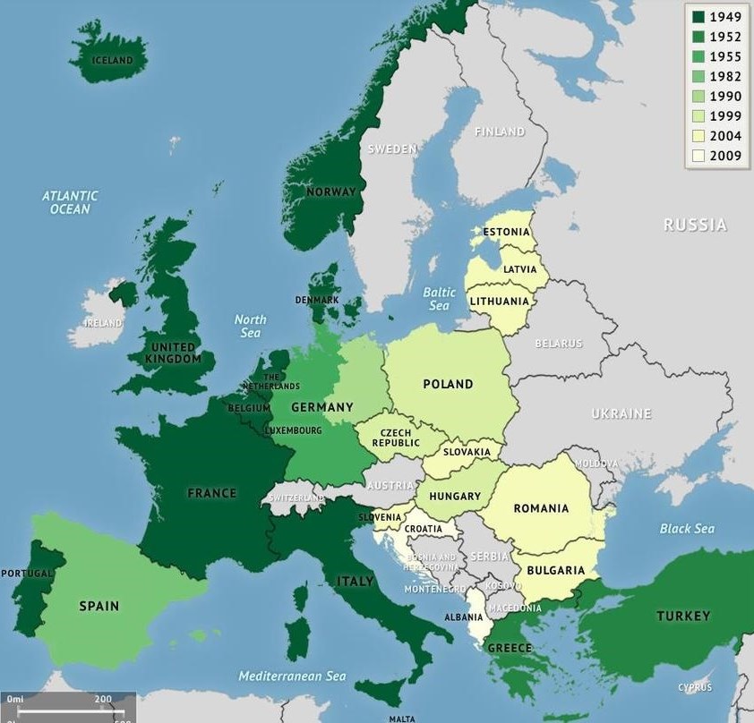 Natos udvidelser. Billedet er hentet her: https://www.researchgate.net/figure/NATO-enlargement-stages_fig1_319402790