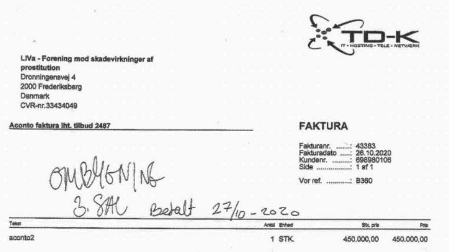 Faktura fra it-firmaet TD-K, som ifølge Liva har gennemført renoveringer af ngo'ens lokaler.