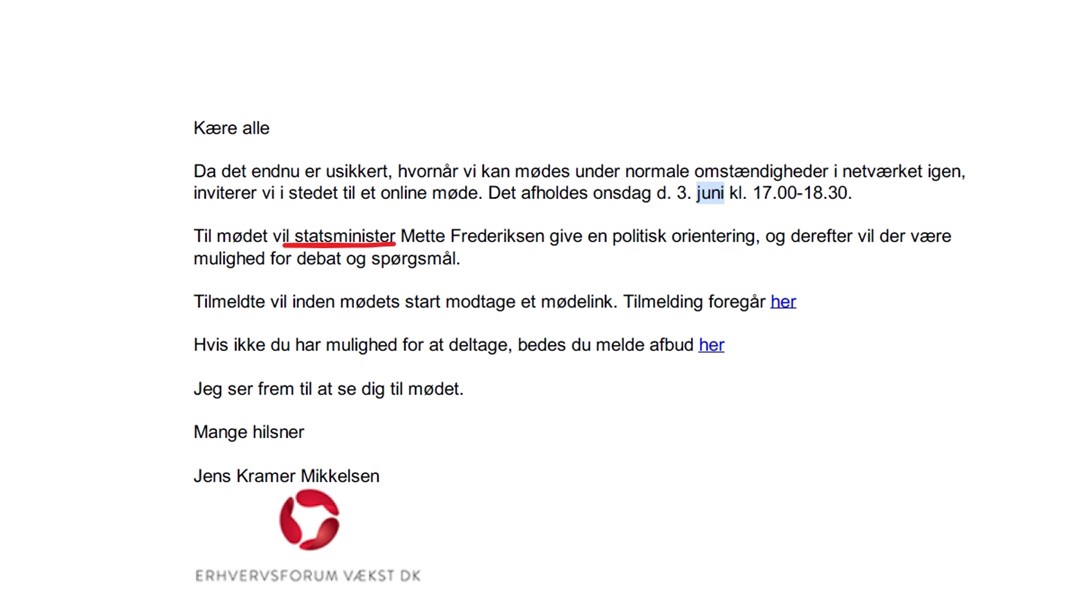 Eksempel på at Mette Frederiksen tituleres som 'statsminister' i en mødeinvitation til et møde i erhvervsklubben 3. juni 2020. 