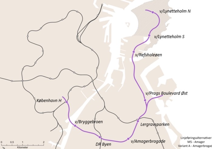 Det nye forslag til metroens linjeføring.