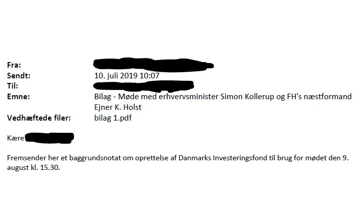 Dagen efter mødet er i kalenderen, fremsender FH et 'Baggrundsnotat om oprettelse af Danmarks Investeringsfond' til erhvervsministeren. Heri beskrives det detaljeret, hvordan FH ønsker, at fusionere Vækstfonden, Den Grønne Investeringsfond, EKF Danmarks Eksportkredit og IFU Investeringsfonden for Udviklingslande. IFU Investeringsfonden for Udviklingslande er udeladt af regeringens nye superfond. 