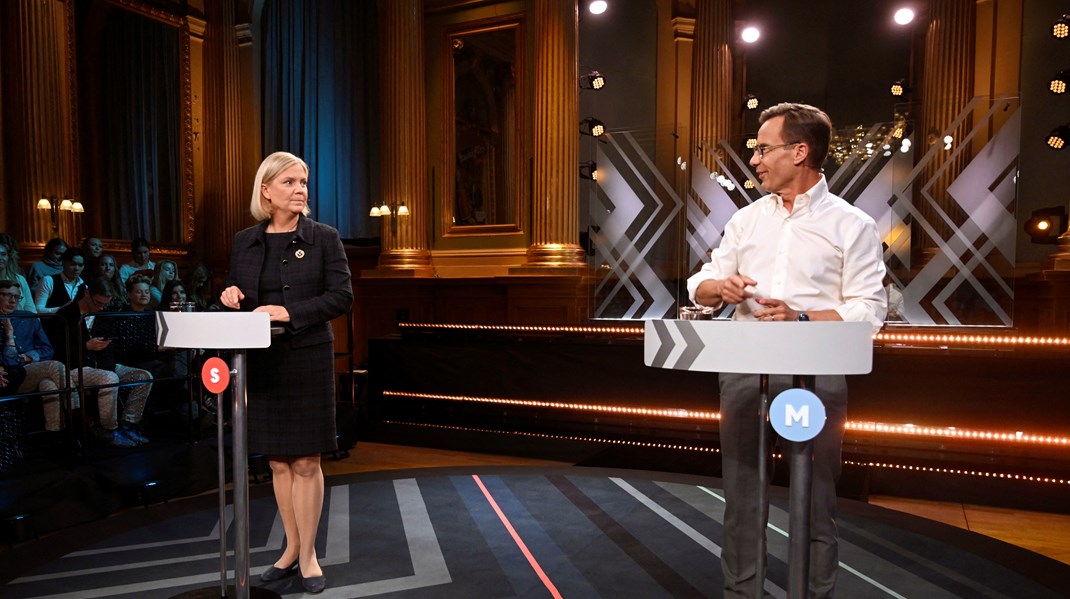 Socialdemokraternes Magdalena Andersson og Moderaternes Ulf Kristersson i tv-debat inden valget.