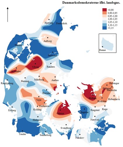 Mørkeblå betyder, at Danmarksdemokraterne får mindst 15 procentpoint højere opbakning end på landsplan, og mørkerød betyder, at partiet får mindst 10 procentpoint mindre opbakning.Kortet er baseret på geografisk data fra 10.395 interviews foretaget af Kantar Gallup og Epinion i juli, august og september.