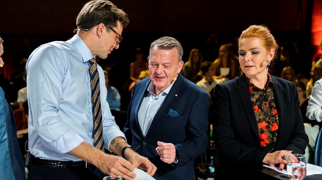 Partilederne Alex Vanopslagh (LA), Lars Løkke Rasmussen (M) og Inger Støjberg (DD) er alle med i flertallet for at sænke beløbsgrænsen. Arkivfoto. 