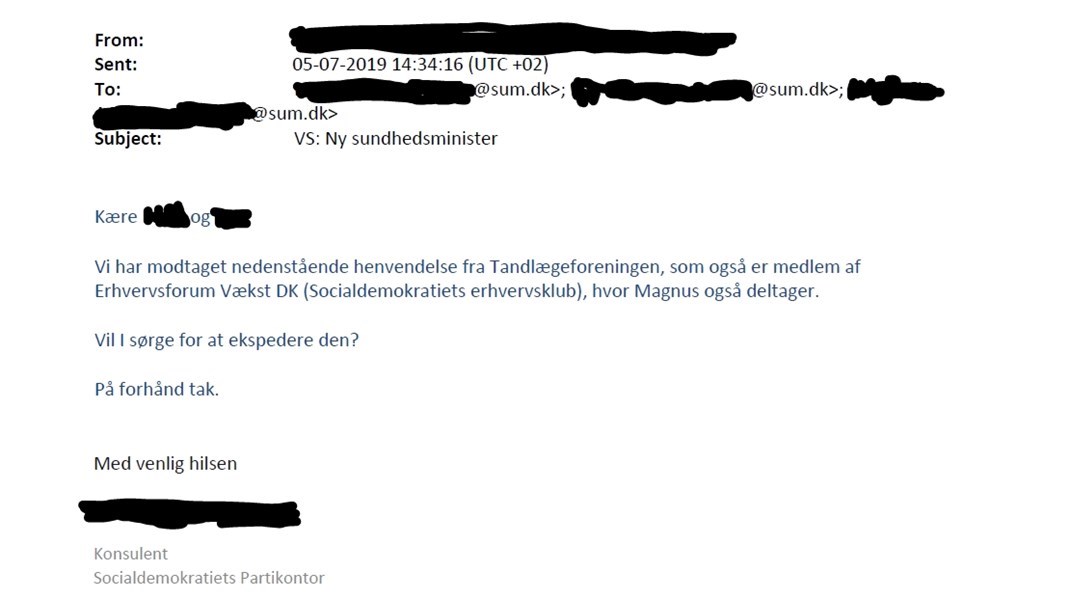 Mailen fra Socialdemokratiet til Sundhedsministeriet, der blev udleveret til Altinget over et år senere, end den skulle have været. Screenshot. 