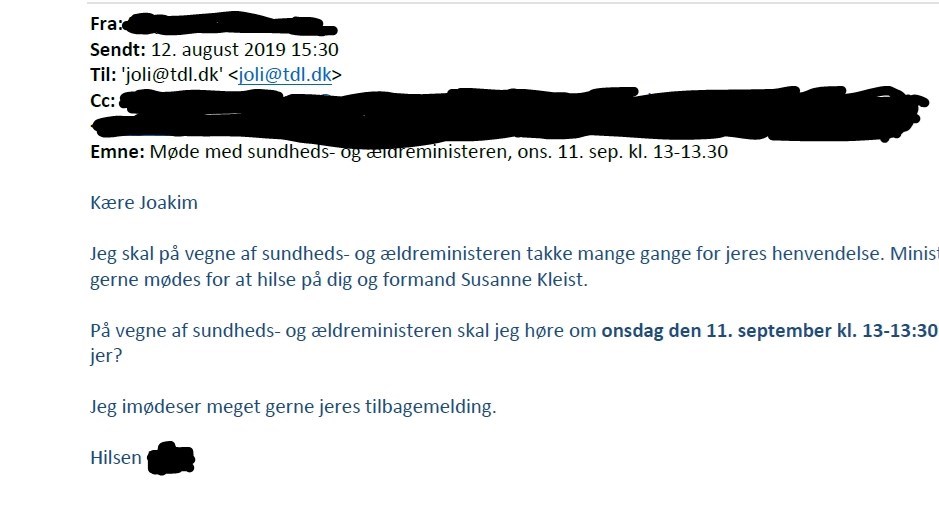 Ministeriet efterkommer Tandlægeforeningens ønske og tilbyder interesseorganisationen et møde med Magnus Heunicke 11. september 2019 med Magnus Heunicke. Mødet bliver senere flyttet til 30. oktober 2019. Altinget fik denne mail udleveret 6. oktober 2021. Screenshot.