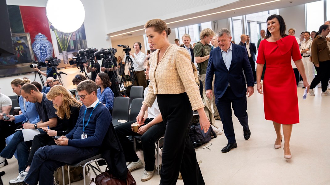 Statsminister Mette Frederiksen (S), udenrigsminister Lars Løkke Rasmussen (M) og indenrigs- og sundhedsminister Sophie Løhde (V) præsenterer regeringens nye sundhedspakke på Rigshospitalet tirsdag 23. maj 2023