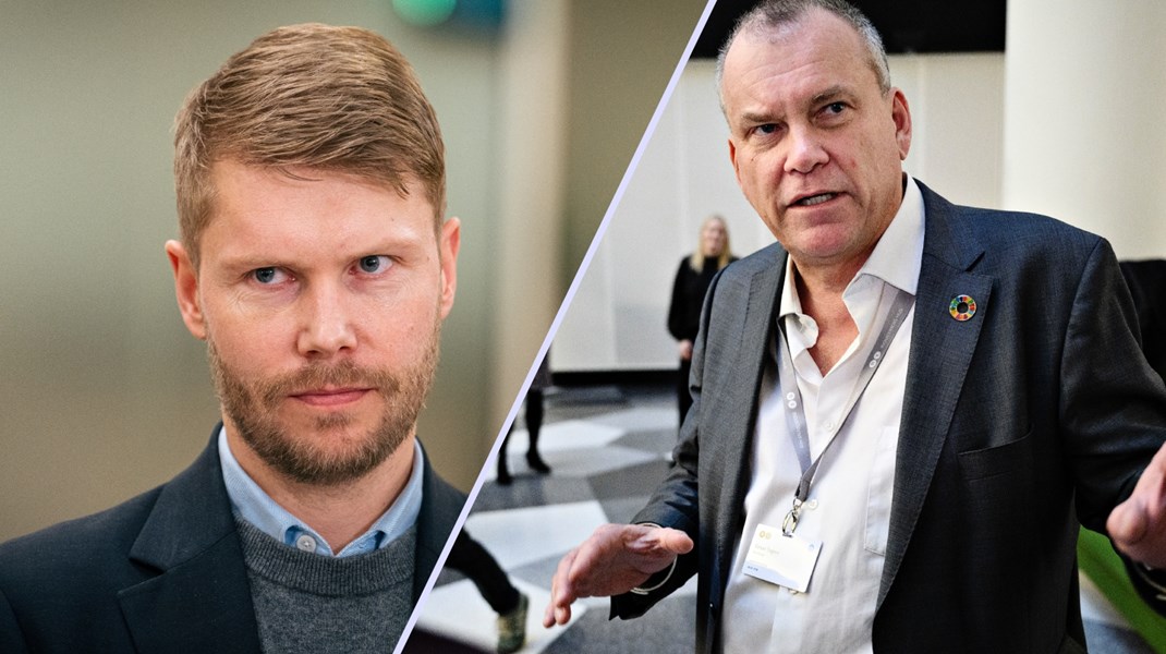 Venstres beskæftigelsesordfører Christoffer Aagaard Melson (t.v.) og HK Privats afgårende formand Simon Tøgern (t.h.).